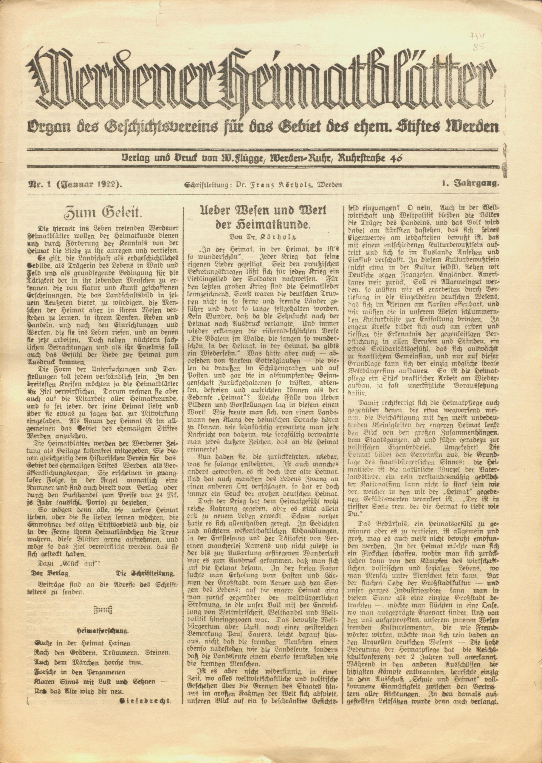 Werdener Heimatblätter herausgegeben von Dr. Franz Körholz (1922 bis 1927)