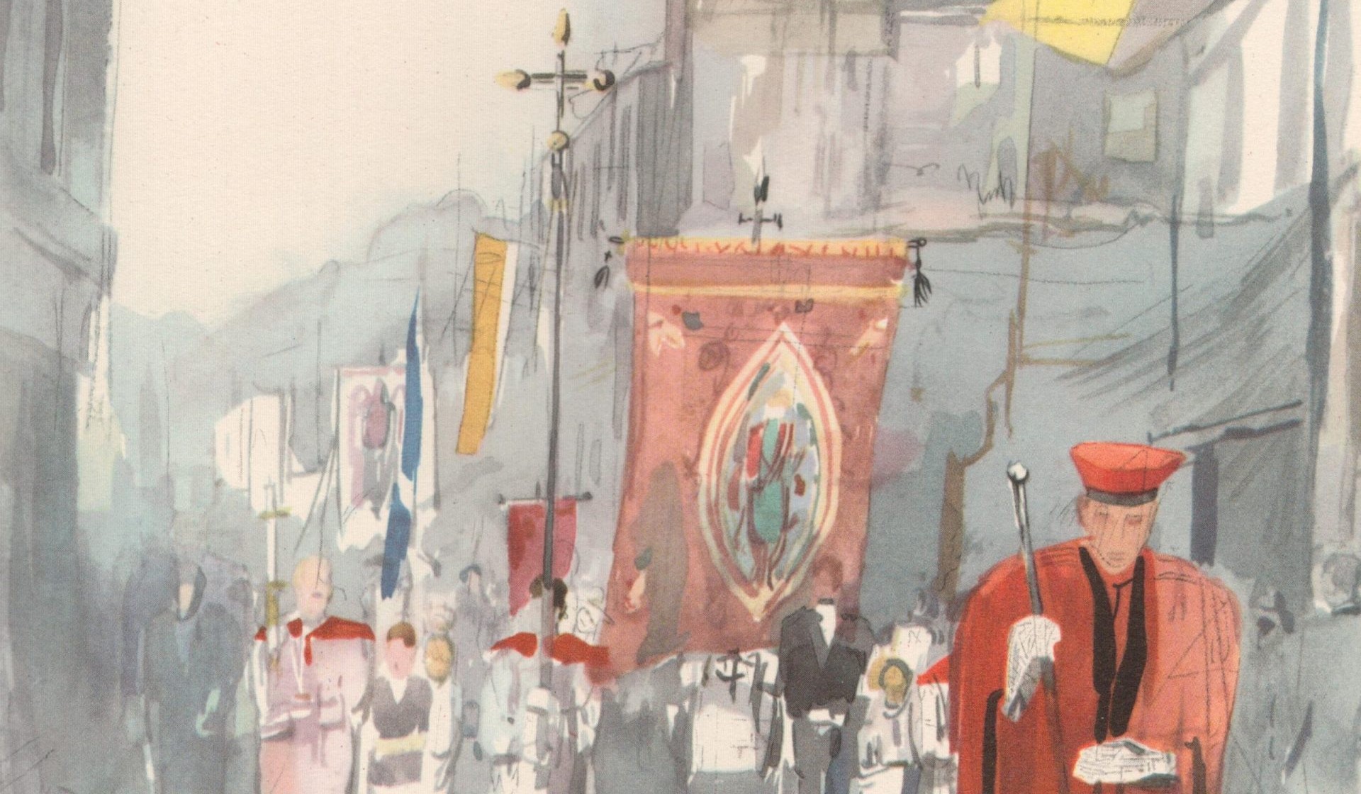 Die Fronleichnam Prozession in Essen-Werden im Jahr 1947 gemalt von Josef Urbach